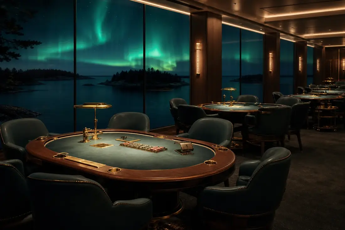 Glass-walled Aurora Circle private gaming salon overlooking the sea