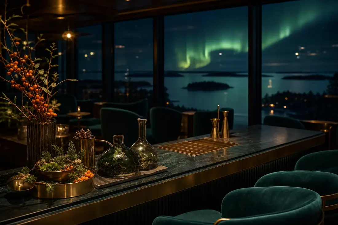 Revontuli Bar overlooking restaurant dining rooms at evening