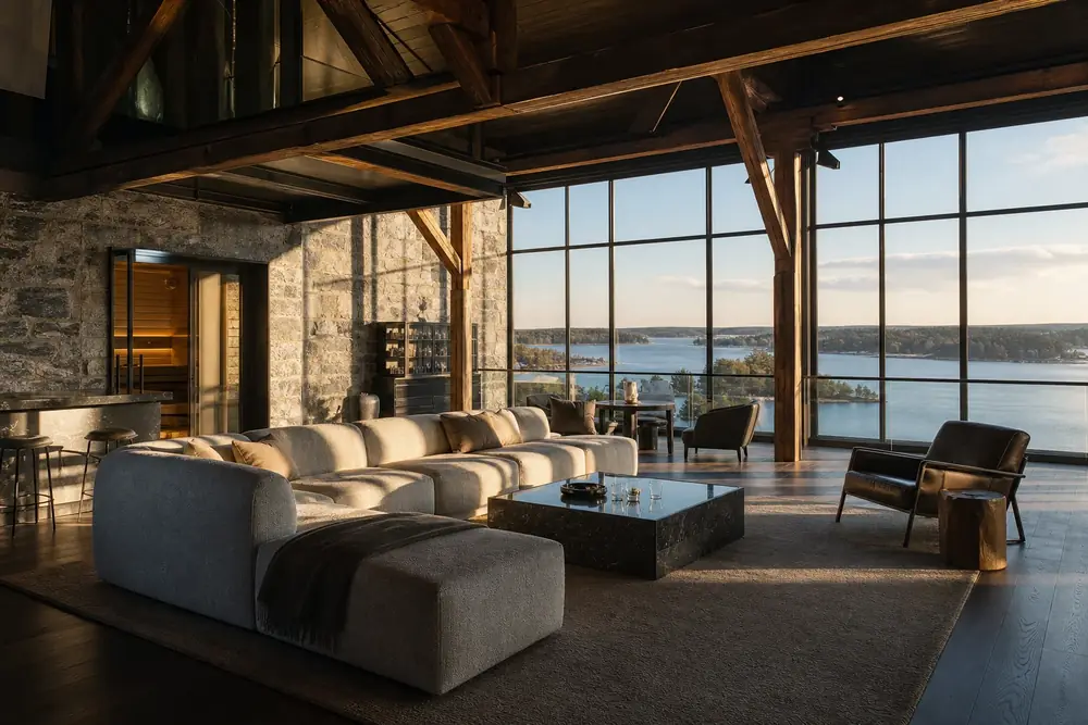 Founder's Penthouse living area in the restored 1987 warehouse top floor