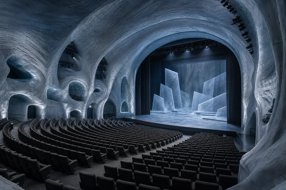 Interior of the 900-seat Glacier Theatre carved like an ice cave